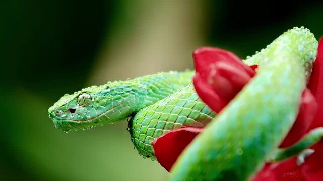 Vibrant green viper with water droplets rests on a bright red flower