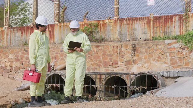 Two environmental engineers in protective suits inspect a wastewater outlet, using a digital tablet to analyze water quality data for an on-site report.