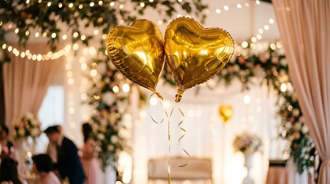 Wedding arch decorated with gold hearts and greenery at celebration