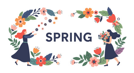 Fototapeta premium Creative spring season design featuring women picking and holding flowers surrounded by floral wreath and colorful plant elements.
