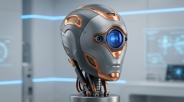 Futuristic robot head with glowing eye and mechanical details