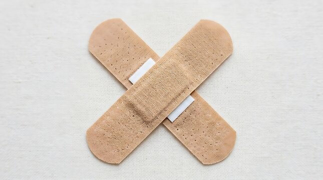 Two brown adhesive bandages crossed on a light background