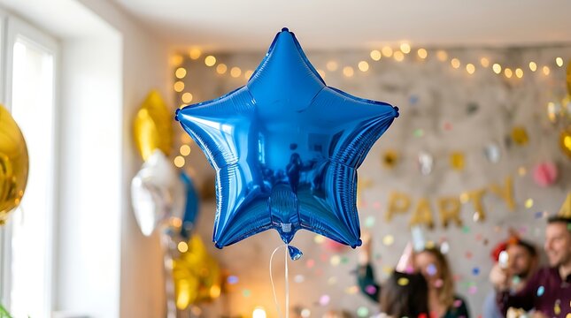 Shiny blue foil star balloon at festive party with people