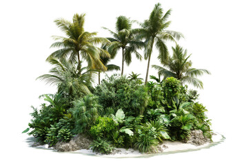 Fototapeta premium Detailed Green Tropical Island Diorama with Palm Trees and Lush Foliage on Transparent Background