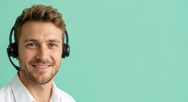Smiling customer service representative wearing headset against a solid mint background. Professional male call center agent with short hair and copy space for text.