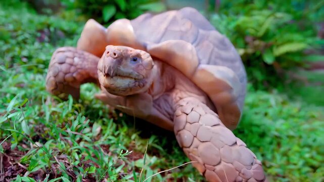 Close-up of a large tortoise slowly walking through lush green grass in daylight