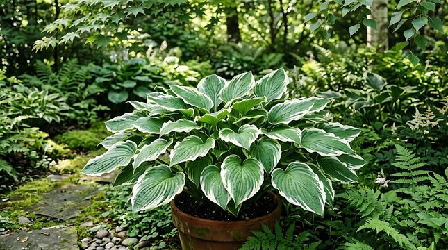 Hostas with variegated green and white leaves in garden