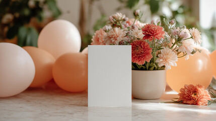 Fototapeta premium Celebration Still Life: A delightful arrangement of pastel balloons, a bouquet of vibrant flowers, and an empty card creates a festive atmosphere, perfect for any celebratory occasion.