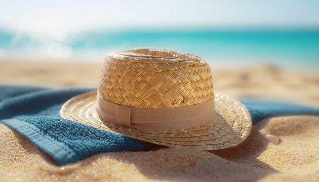 Close Up of Blue Beach Towel and Summer Hat on Sand
