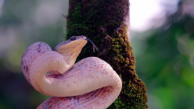 Close-up of a coiled snake with intricate scales resting on a moss-covered tree trunk