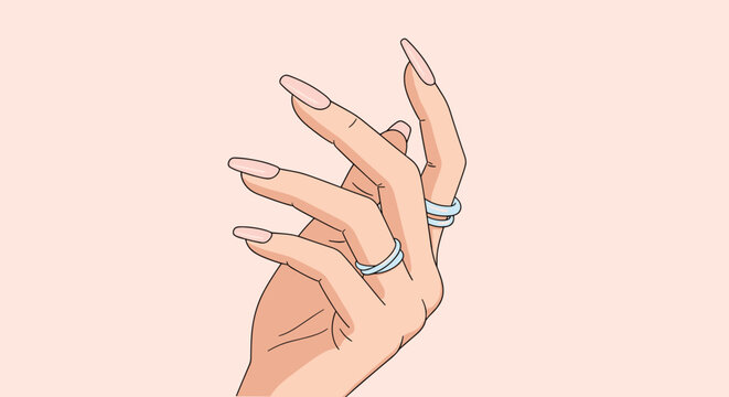 Beautiful female hand with long painted fingernails and elegant silver rings shown on a soft pink background.
