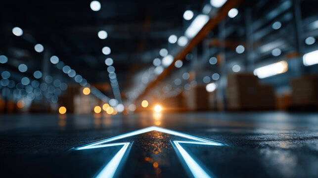 Future Forward: A neon blue arrow points the way forward on a dark concrete floor, illuminated by the glow of a modern warehouse or factory, symbolizing progress and innovation.