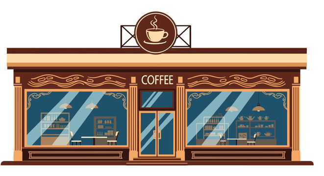 Exterior view of a cozy coffee shop front with large windows, tables inside, and a classic coffee cup logo sign.