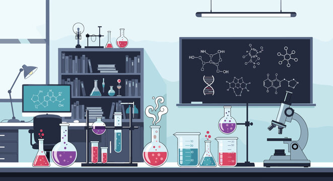 Fully equipped modern science laboratory containing chemical test tubes, beakers, a microscope, and formulas on blackboard.