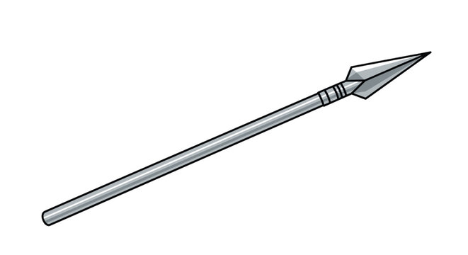 Simple metallic warrior spear with a sharp diamond-shaped tip and a sleek silver handle over a white background.
