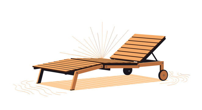 Comfortable wooden sun lounger with wheels placed on sandy ground under bright rays of sunlight over a white background.