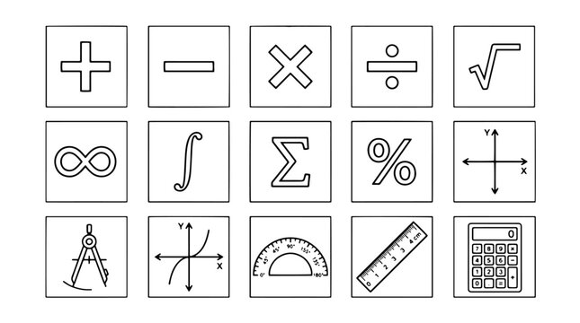 Mathematical symbols, icons, and tools, black line art, 20 educational elements, vector graphics