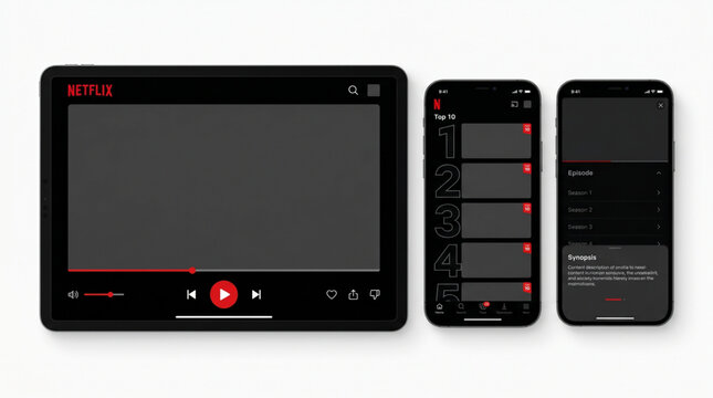 New 2026 Netflix mockup streaming media template. Netflix video player mockup tablet smartphone ui screen display. Netflix top 10 series interface in smartphone frame. Movie app design layout template