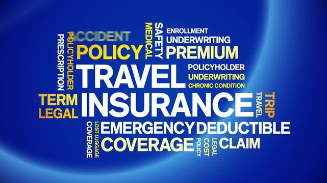 Travel insurance animated word cloud-text design animation tag kinetic typography seamless loop.