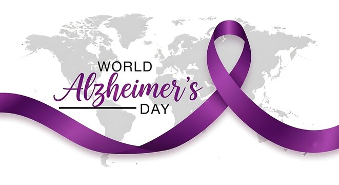 World Alzheimer's Day awareness ribbon on global map background with soft lighting