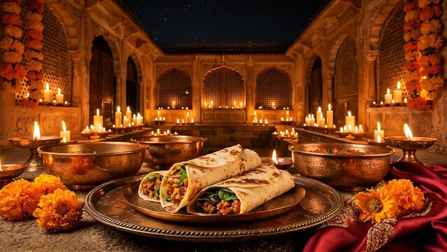 Elegant wedding reception dinner table setting with candles.