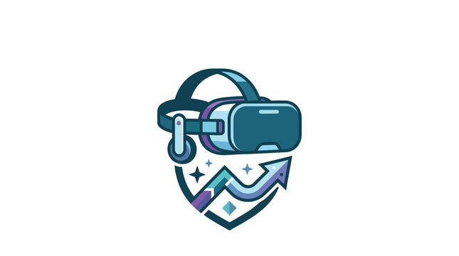 A stylized graphic illustration of a virtual reality headset integrated into a protective shield emblem.