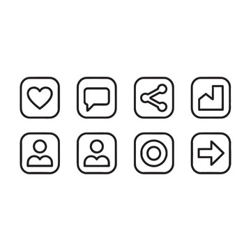 Social Media Icons: A set of eight minimalist line icons symbolizing social media interaction and navigation. Each icon is contained within a rounded square, depicting familiar functions like a heart.