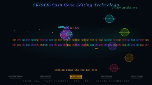 CRISPR Gene Editing Animation Showing Cas9 Protein Guide RNA and DNA Cutting Repair Mechanism