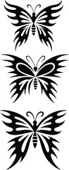 Fototapeta premium Butterfly silhouette set with decorative wings isolated on white background, black insect vector illustration collection for tattoo design, logo branding and nature artwork