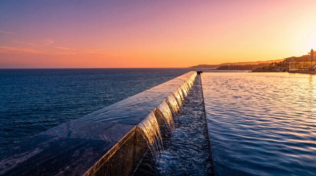 Luxury infinity pool edge with water cascading into ocean horizon at sunset