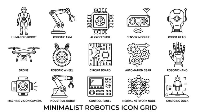 Minimalist Robotics Icons, Robot Parts, Technology Symbols, Automation Signs, 16 Icon Set