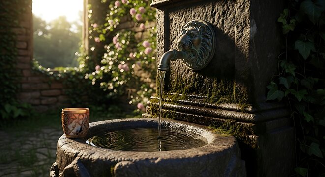 Rustic Stone Garden Fountain Flowing in Sunlit Courtyard
