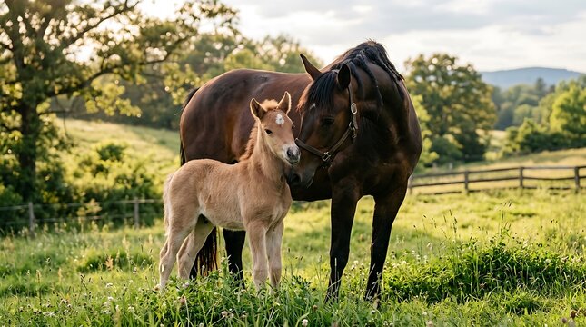 Mother horse nursing her foal in a green pasture