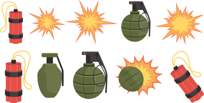 Cartoon bomb and dynamite set with explosion effects, hand grenade and TNT sticks illustration collection isolated on white background for danger concept