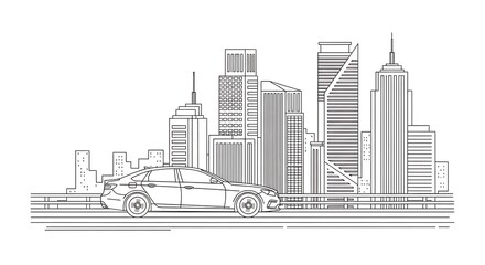 Obraz premium Minimalist line art of a modern sedan car driving in front of a stylized urban city skyscraper skyline
