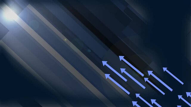 Abstract dark background with diagonal light beams and cluster of upward-pointing arrows animation