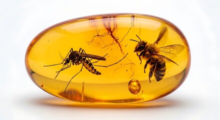 Obraz premium Preserved Mosquito and Bee Trapped in Golden Amber on White Background