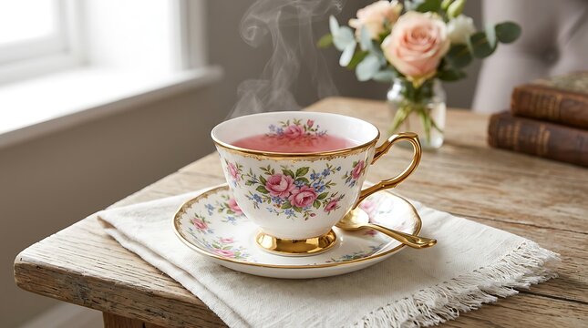 Vintage floral tea cup on saucer with spoon on wooden table