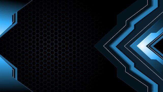 Dark geometric background with layered chevron shapes, hexagonal pattern accents animation