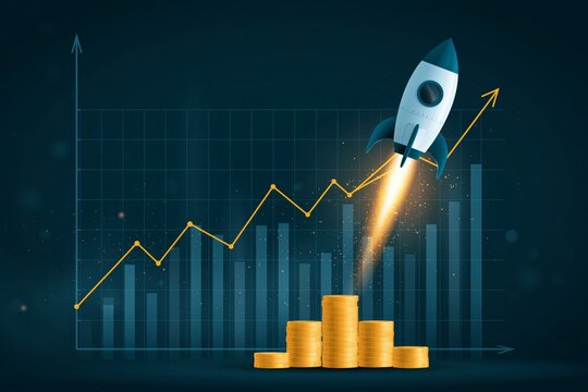 Exponential growth or compound interest 3D. Business sales, investment, wealth or earning rising up graph profit increase concept, financial report graph with exponential arrow from flying rocket 3D