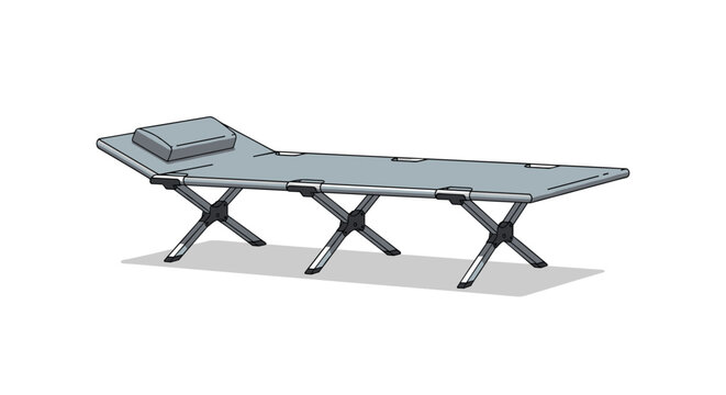 Practical grey folding camp bed or cot with sturdy metal legs and a headrest, isolated on a clean white background.
