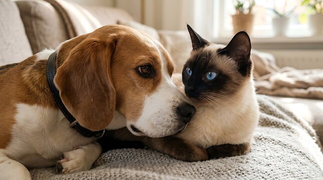 Curious dog and cat sniffing noses together outdoors