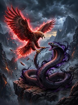 fantasy 3D image of an eagle fighting a king cobra