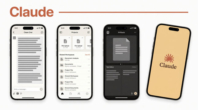 2026 Claude AI mockup mobile app interface template. Claude chat UI mockup screen display. AI assistant workspace and document artifacts editor frame in smartphone screen design template vector.