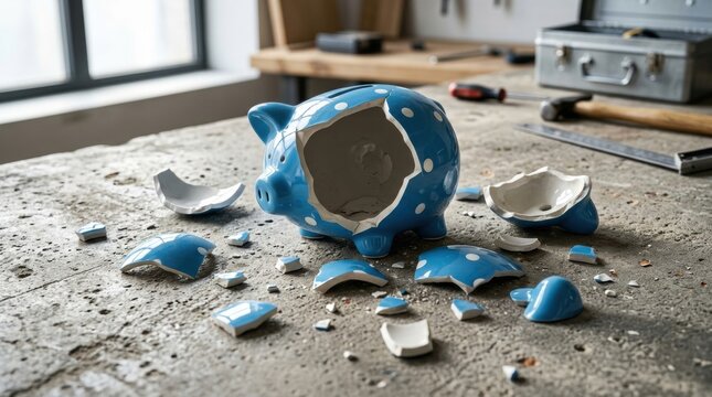 Broken piggy bank lies on concrete surface surrounded by shattered pieces, financial crisis concept.