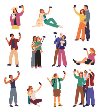 People take selfie. Friends group. Couple making photos with using phone front facing camera. Tourists shooting snapshots. Man and woman posing for photography. Photographing vector set