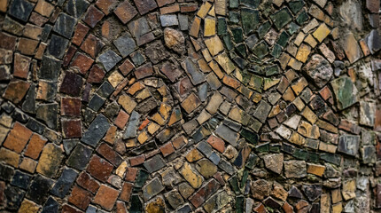 Naklejka premium Close-up of an ancient mosaic wall with geometric patterns and earthy tones