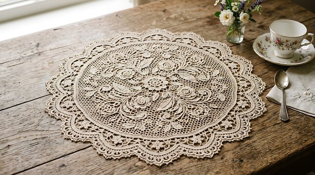 Elegant crocheted lace doily on wooden deck with tea set