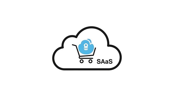 Cloud based software service icon with shopping cart and user head in blue and black colors