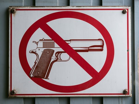 No gun sign, prohibition warning sign, ban. Restricted area, pistol not allowed. Vector image silhouette, illustration isolated on white background. Anti war sign for campaign. Forbidden, no gun.